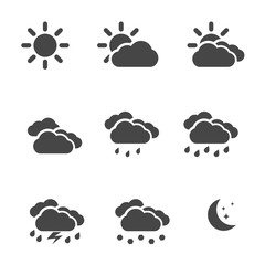 Weather icons set black simple flat symbols isolated on white background. Vector illustration