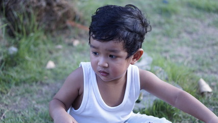 An Asian boy, age 2, is sitting on a tree planting in the garden.                               