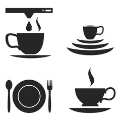 Breakfast morning related icons - cup, plate, saucer, teaspoon, fork signs isolated on white background. The beginning of the day symbols.
