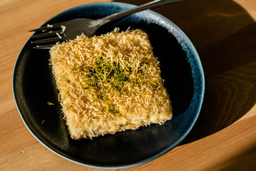 Turkish Dessert Custard Pudding Muhallebi Kadayif with Pistachio Powder