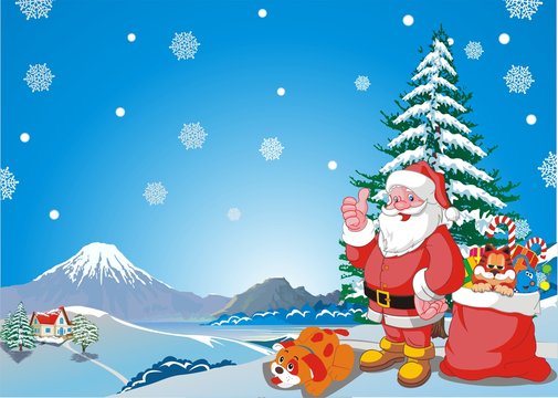 Christmas picture-Santa Claus with a bag of gifts under the Christmas tree.
