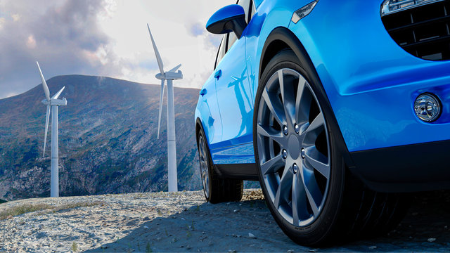 Blue car on the background of wind turbines and mountains, a concept for advertising auto products. 3D illustration.