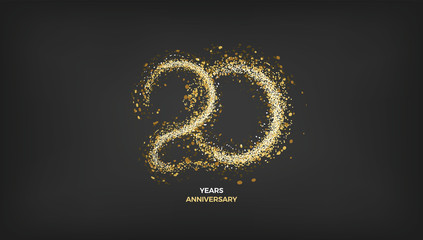 20 years anniversary black color background vector design with golden sparks decoration