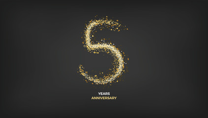 5 years anniversary black color background vector design with golden sparks decoration
