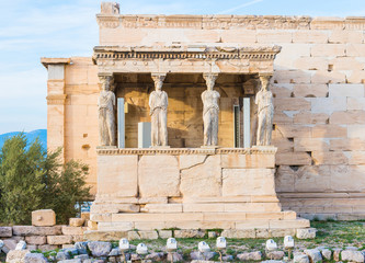 Erechtheion temple with Caryatides porch in Acropolis of Athens in Greece