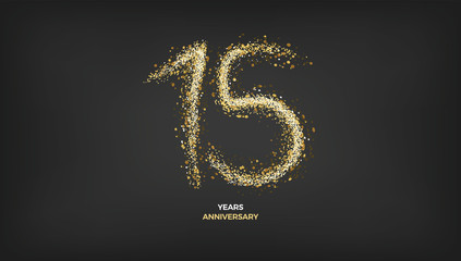 15 years anniversary black color background vector design with golden sparks decoration