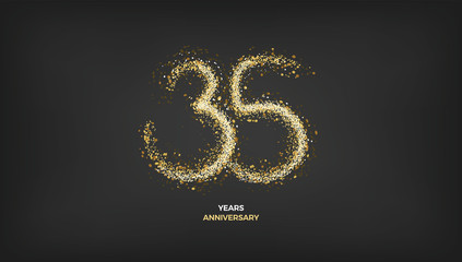 35 years anniversary black color background vector design with golden sparks decoration