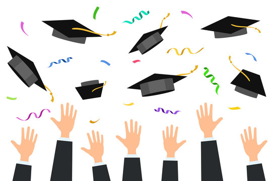Graduating caps flying up in the air and student hands catching them on white, stock vector illustration