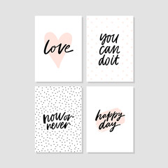 Set of 4 hand written lettering positive quote cards, modern calligraphy vector illustration collection.