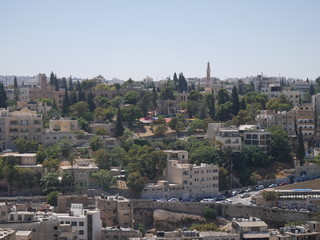 Fototapeta na wymiar Cityscape of Amman, capitol of Jordan, grey panorama of a modern arabic city with improvised houses on a hill between few green trees under the blue sky