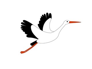 Stork flying isolated on white. Bird as symbol for news, delivery, pregnancy, baby shower. Vector illustration.