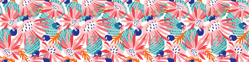Hand Painted BoldVector Summer Bloom Floral Motif Seamless Banner Pattern. Classic Blue Pink Flower Petal Border Background. Modern Bright Cut Out Collage Style. Exotic Tropic Ribbon Trim Edge Eps 10