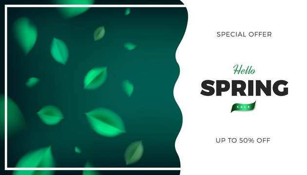 Green leaves banner background, spring black vector design