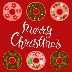 Donuts and lettering merry Christmas on red background, vector illustration. Template for Christmas card, banner, poster.