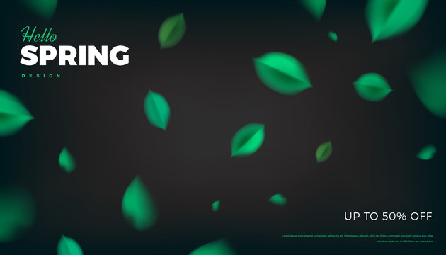 Green leaves banner background, spring black vector design