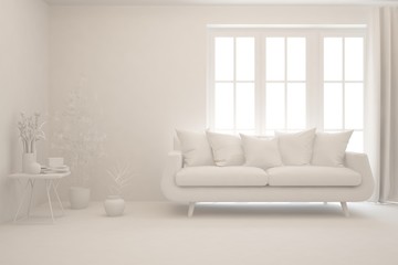 Mock up of stylish room in white color with sofa. Scandinavian interior design. 3D illustration