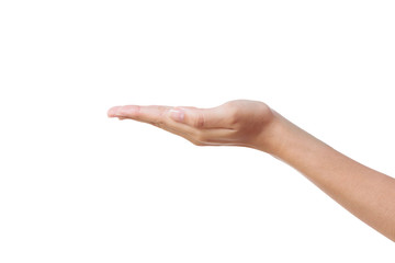 Close-up of beautiful woman's hand, palm up. Isolated on white background