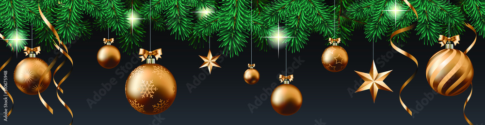 Wall mural Christmas and New Year website header or banner vector template with pine branches, balls, stars, serpentine, lights on black background.