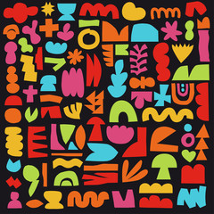 Modern shape collection pattern with black background