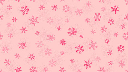 Pink vector snowflakes background. Elegant Christmas and New Year seamless pattern with snow, sparkles, snowflakes, confetti. Winter holidays theme. Cute design for decoration, banner, wallpaper, web