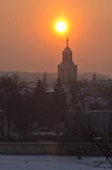 Silhouette of Church of Saint Stanislaus Kostka at sunset during winter season,krakow ,poland