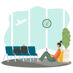 Woman cartoon character waiting in airport, vector illustration