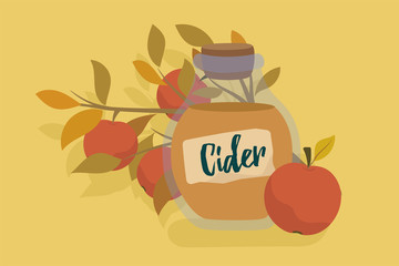 Apple cider in glass jar, flat cartoon style vector illustration