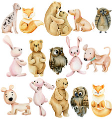 Collection of watercolor cute animals (bunnies, foxes, owls, bears and dogs), hand drawn isolated on a white background