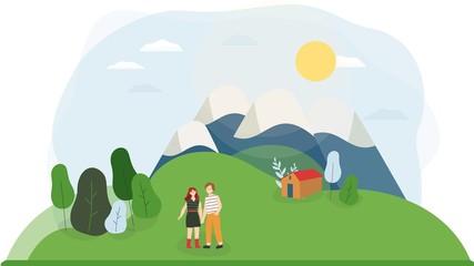Young couple in nature, cartoon characters vector illustration