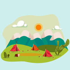 Camping in nature, outdoor landscape vector illustration
