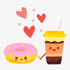 Romantic cartoon characters donut and coffee vector illustration