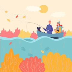 Romantic couple fishing boat in autumn, vector illustration