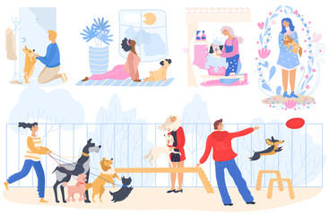 People with dogs vector woman washing cute pet and doing yoga. Man training and playing with doggy outdoor. Illustration set of happy dog-breeders characters loving their doggie animal friends
