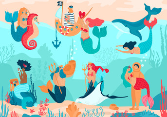 Mermaid vector cartoon beautiful girl princess and merman living underwater in ocean with sea animals whale and seahorse. Illustration set of fantasy pretty woman with tail on seaboard loving a sailor