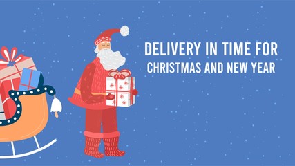 Christmas presents delivery, Santa Claus carrying gift box, vector illustration