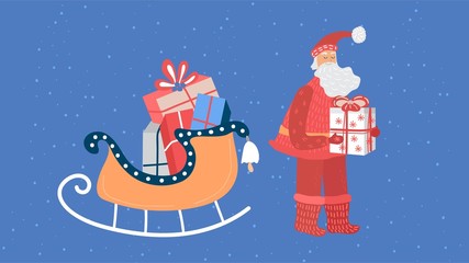Christmas presents delivery, Santa Claus carrying gift box, vector illustration