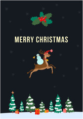 Christmas greeting card with snowman riding flying deer, vector illustration