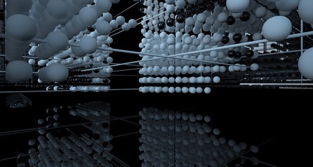 Abstract black interior from array white spheres with window. 3D illustration and rendering.