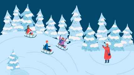 Children sledding in winter forest, fun outdoor activity vector illustration