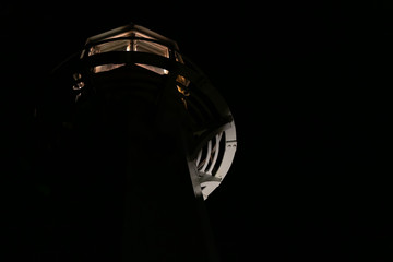 Close up on a lighthouse light at night