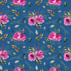 Fototapeta na wymiar Seamless pattern with watercolor pink, crimson floral bouquets, branches and leaves in brown and golden colors; hand drawn floral design on blue background