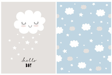White Fluffy Smiling Cloud on a Light Gray Background. Simple Baby Shower Art. Cute Simple Baby Shower Vector Card and Seamless Patterns. Hello Boy. Print with Clouds and Stars Isolated on a Blue.