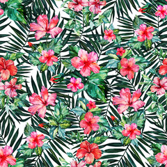 Seamless pattern. Tropical plant. Leaves and flowers on white background.  Hibiscuses. Watercolor drawing. For design, decoration,background, illustration, textiles, and Wallpapers.