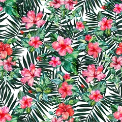 Fotobehang Seamless pattern. Tropical plant. Leaves and flowers on white background.  Hibiscuses. Watercolor drawing. For design, decoration,background, illustration, textiles, and Wallpapers. © Яна Коршунова