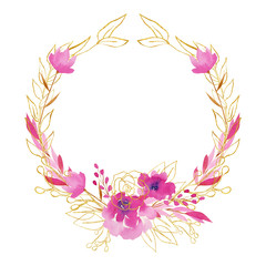 Wreath of watercolor flowers and branches in crimson and golden colors; hand drawn isolated on white background; floral decoration to wedding or other celebratory design