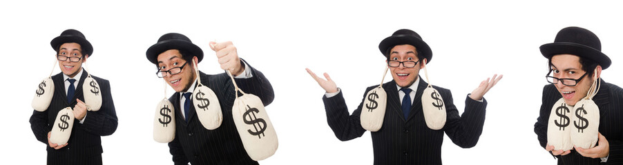 Young employee holding money bags isolated on white
