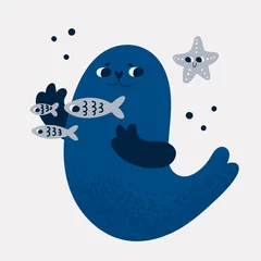 Foto op Plexiglas Leuke zeekarakters: pelsrob, vis, zeester. Kinderachtige vectorillustratie met oceaan stripfiguren in vlakke stijl. Goed voor poster, kaart, print, boek, decoratie, textiel © happydesign