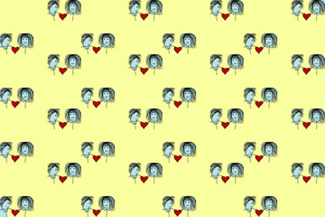 seamless pattern lline cartoon drawing of teen couple on yellow