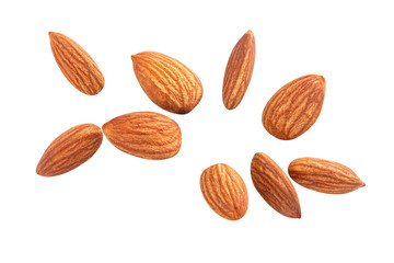 almond raw piece fly almond full macro shoot nuts healthy food ingredient on white isolated...