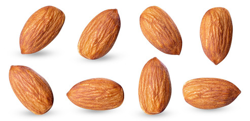 almond raw piece collection set.almond full macro shoot .nuts healthy food ingredient on white...
